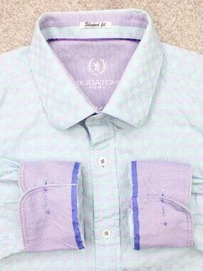 Bugatchi Uomo Shirt Mens Medium Blue/Purple Shaped Fit Flip Cuff Long Sleeve